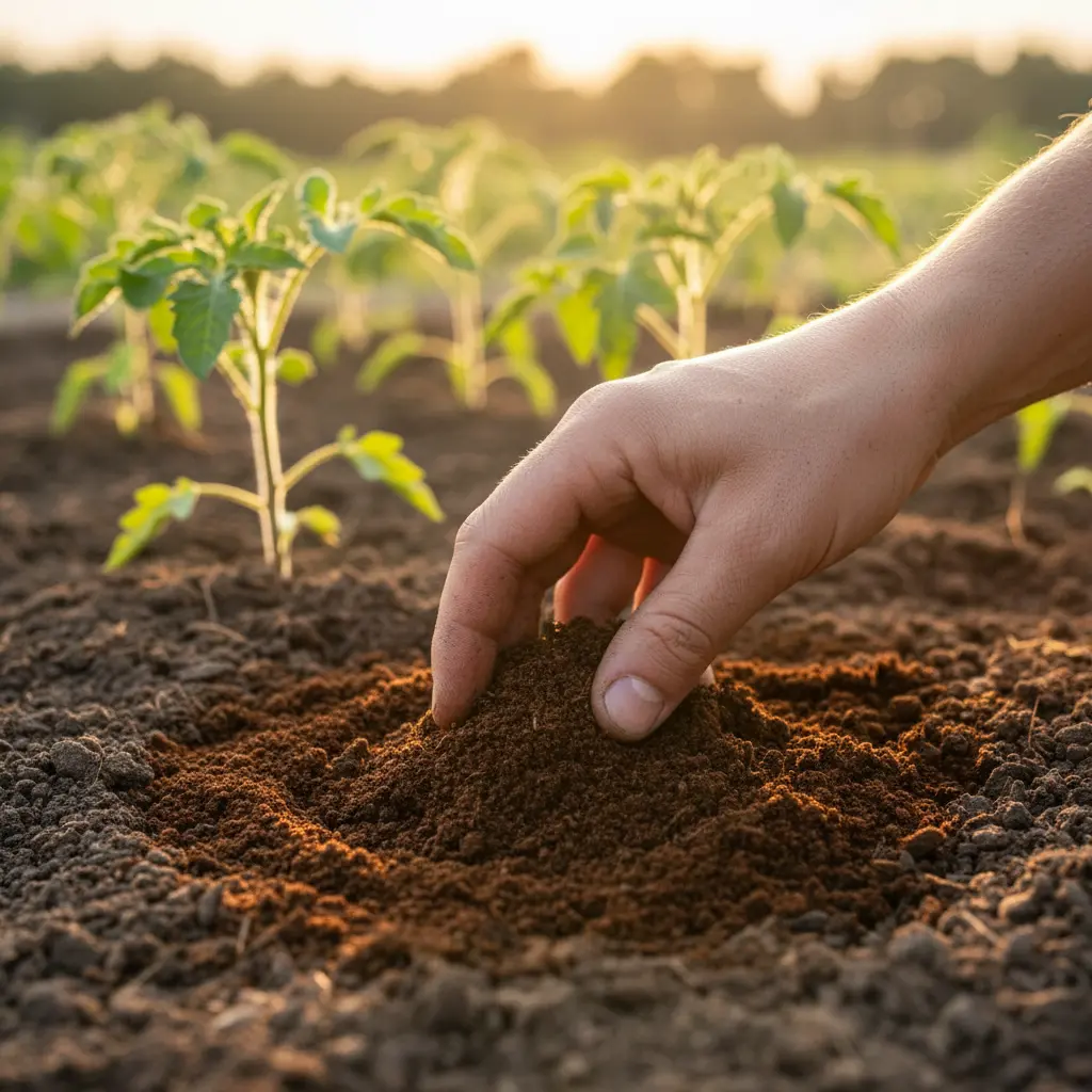 A close-up of a gardener hand gently mixing dry brown coffee grounds into the rich dark soil of a vegetable garden bed, with small green tomato plants in the soft-focus background, warm sunset light