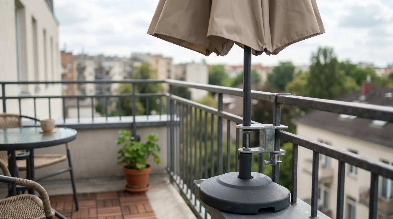 Compact balcony parasol with weighted base and clamp fixation on a metal railing
