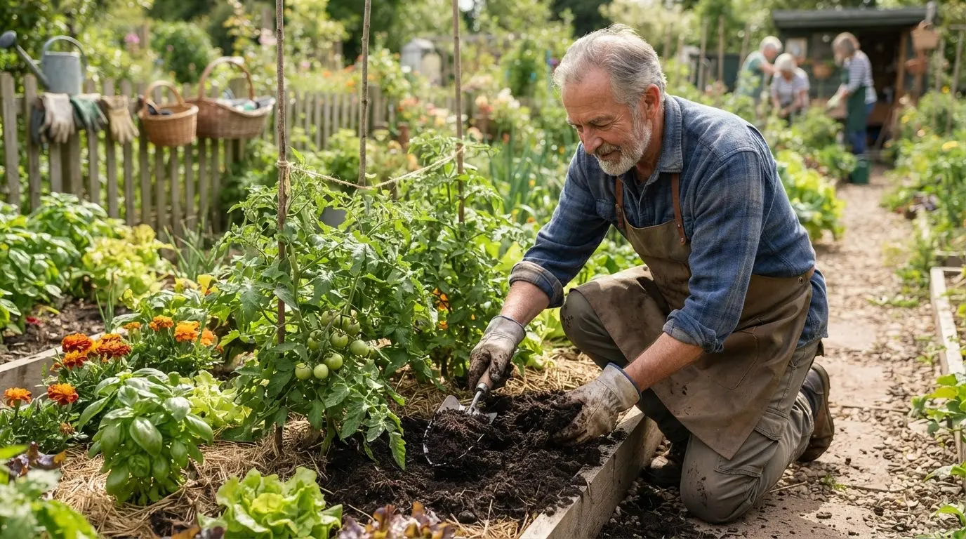 Experienced senior gardener spreading mature compost around healthy vegetable plants in a well-maintained garden